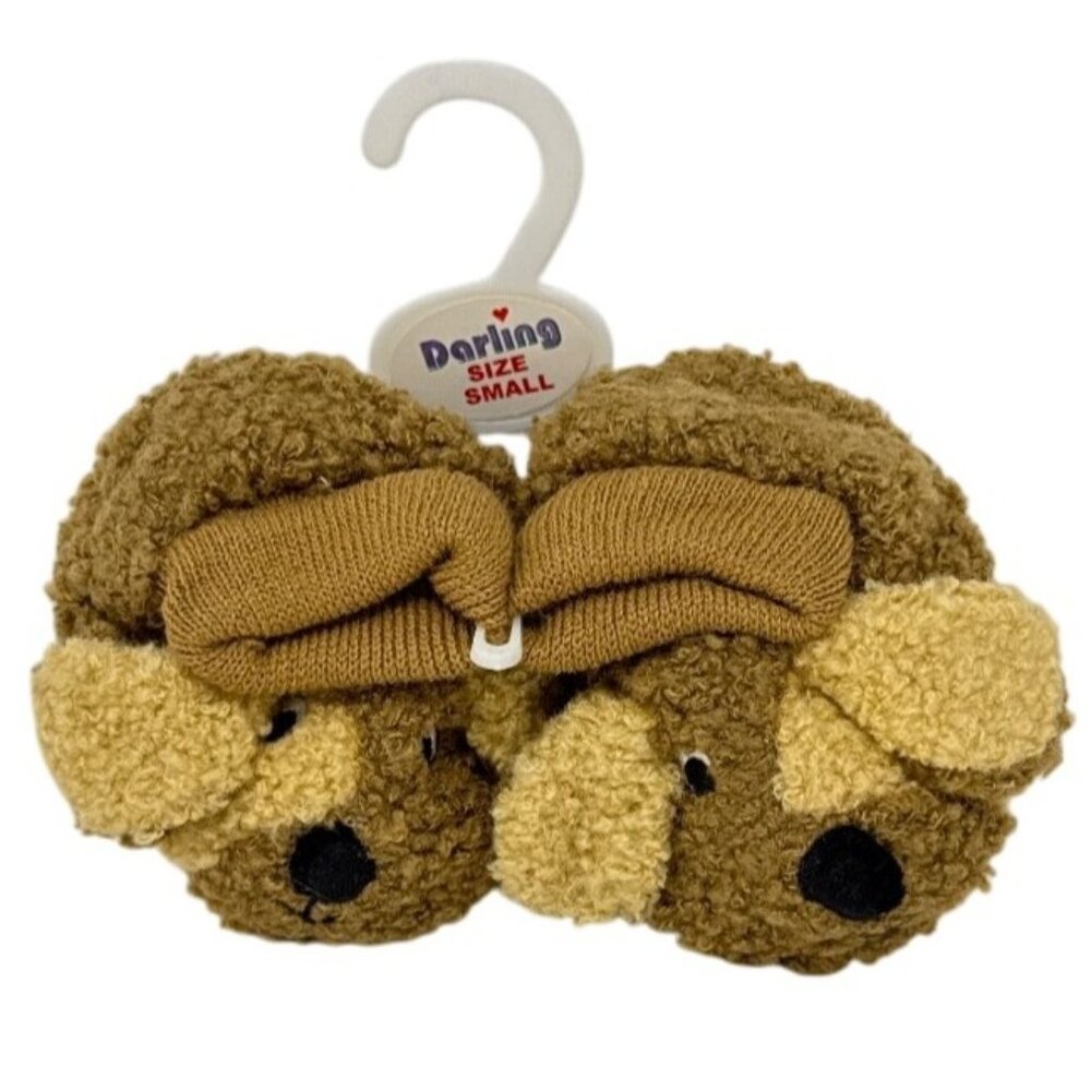 Darling Small Dog Face Slippers For Kids Cute Plush Anti-Slip Sole Brown & Yello